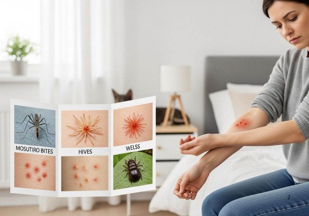 Person comparing bite marks on their arm with common skin reactions, considering if it’s caused by bed bugs.