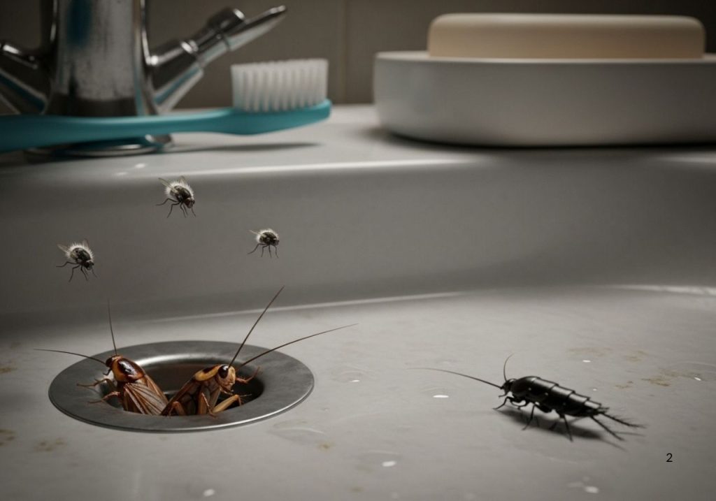 Close-up of pests like drain flies, a cockroach, and silverfish emerging from a moist bathroom sink drain.