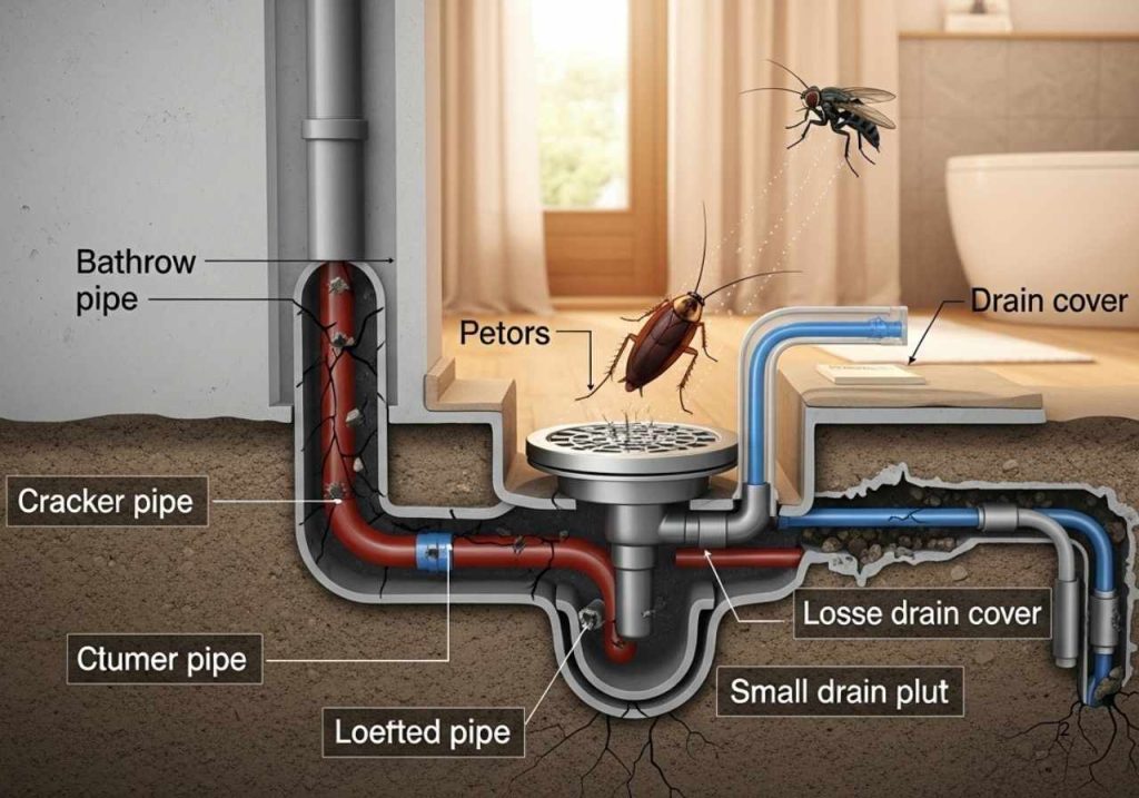 Illustration of how pests enter through cracked pipes and loose drain covers into indoor plumbing systems.
