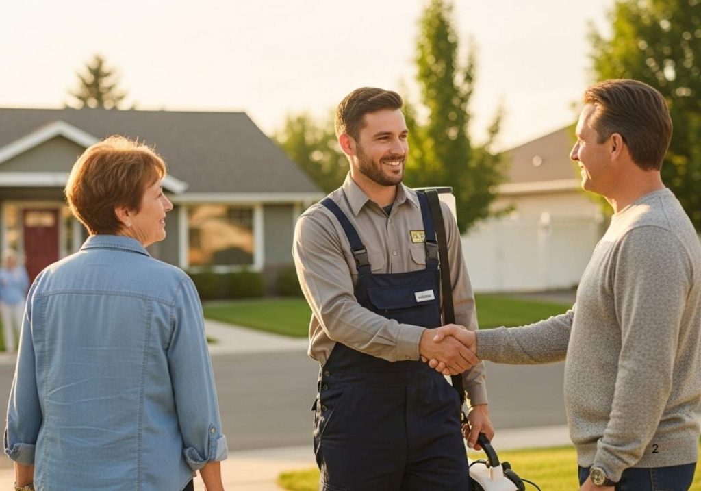 Falls Pest Services service professional greeting a homeowner with a handshake, offering trusted pest control help in Eastern Idaho.