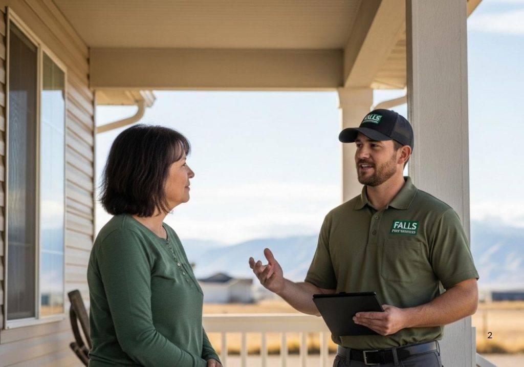 Falls Pest Services service professional providing friendly consultation to a homeowner in a peaceful Eastern Idaho neighborhood.