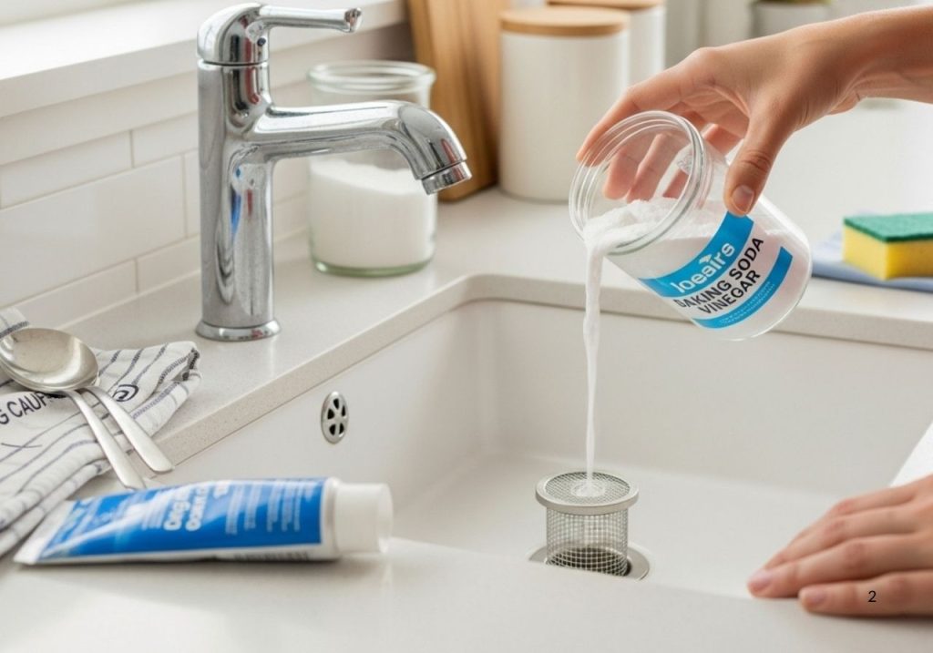 Person using baking soda and vinegar to clean a drain, with mesh covers and caulking tools nearby for pest prevention.