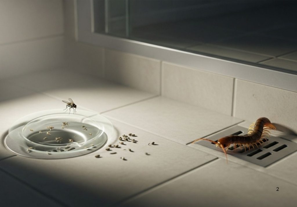 Visible signs of a drain pest problem, including a drain fly, insect droppings, and a centipede near household drains.