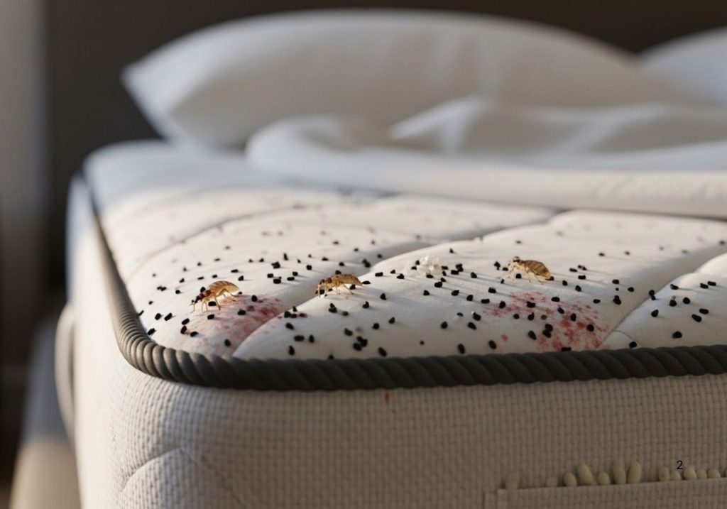 Early signs of bed bugs on a mattress, including dark droppings, red stains, and shed skins.