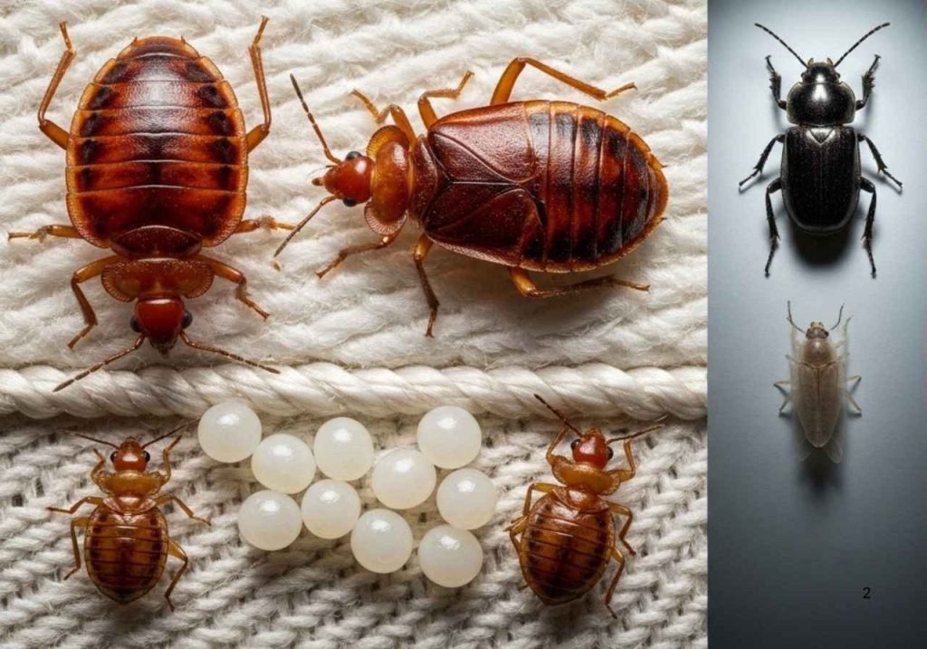 Close-up of adult bed bugs, eggs, nymphs, and common lookalike insects on a fabric surface.