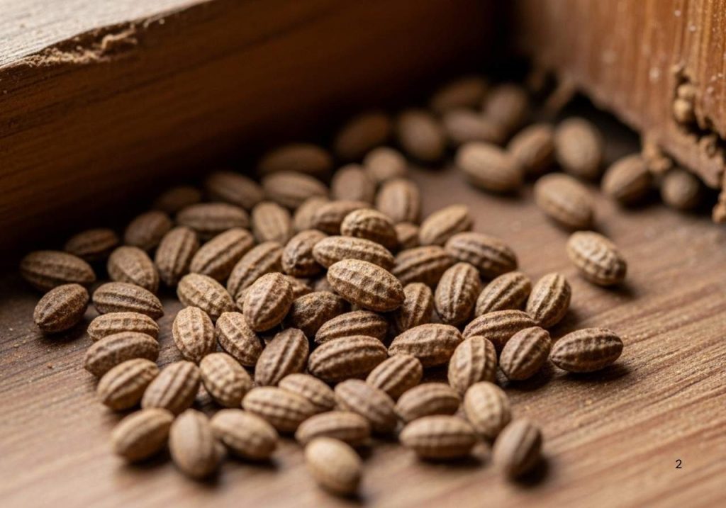Close-up of drywood termite droppings resembling tiny brown pellets on a windowsill.