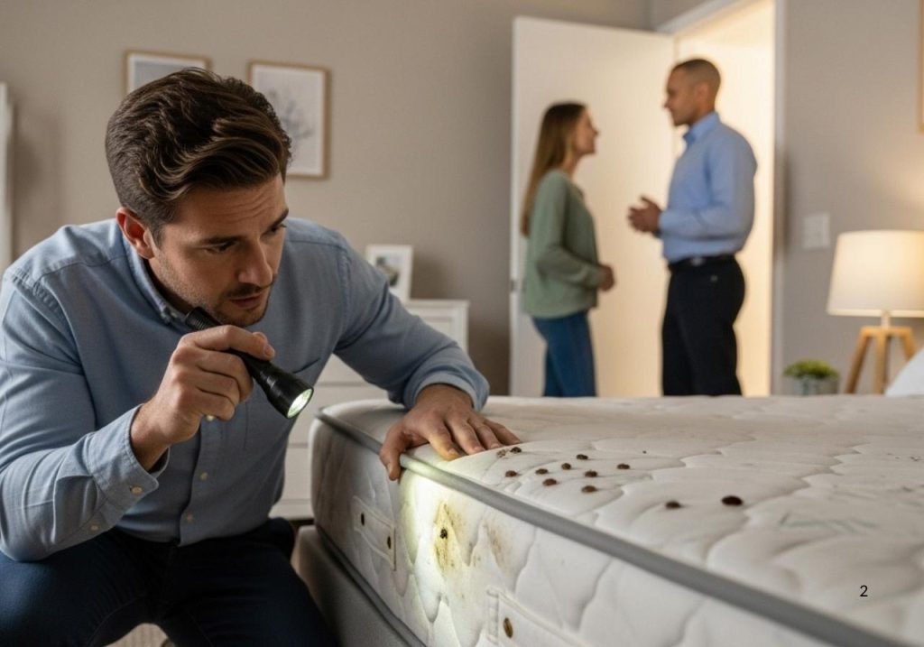 Homeowner inspecting a mattress for bed bug signs with a flashlight as a pest control expert arrives for help.