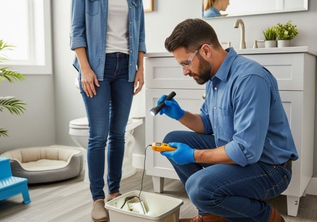 Pest control service professional inspecting a drain while advising a homeowner in a clean, safe home environment.