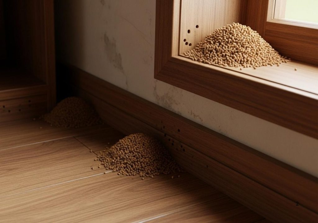 Termite droppings collected near a baseboard and windowsill, showing early signs of infestation in wooden trim.