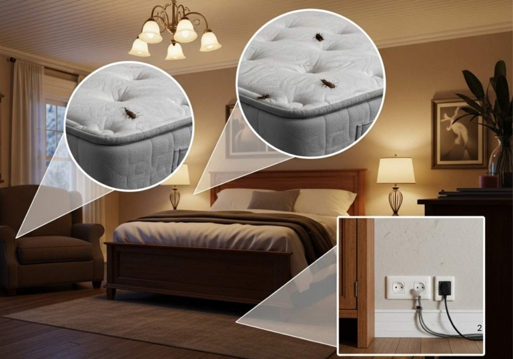 Common hiding spots for bed bugs in Idaho homes, including furniture seams, outlets, and behind decor.