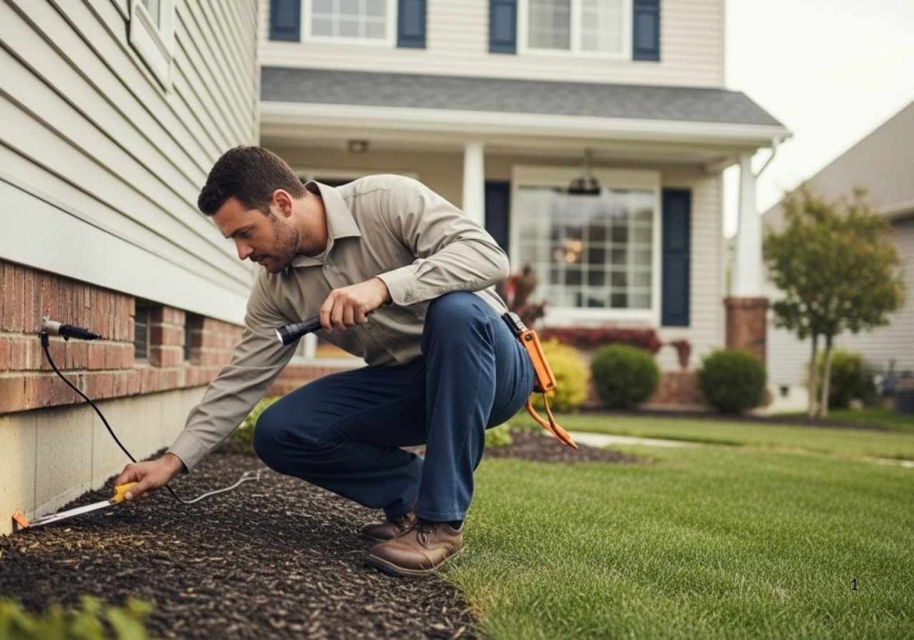 Home pest inspection in progress before listing, showing a professional checking for termites and other issues.